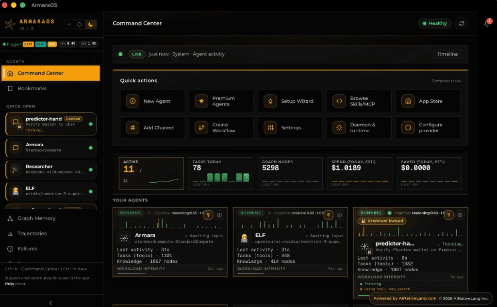 ArmaraOS Command Center — desktop dashboard with agents, metrics, and quick actions.